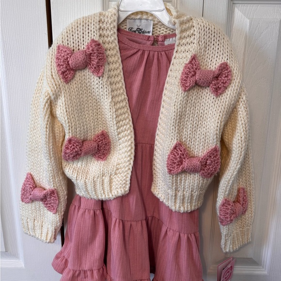Kids Cream Chucky Cardigan with Pink Bows and Mauve Dress 2Piece Set size 5 NWTS - Picture 2 of 12